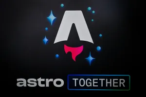 Logo de Astro Together en blanco, azul, y rojo.