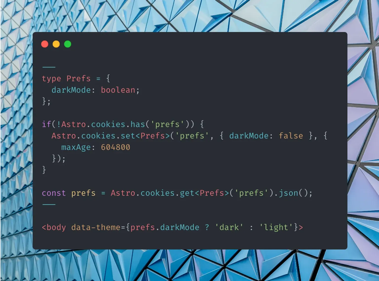 Ejemplo de código que muestra el uso de Astro.cookies