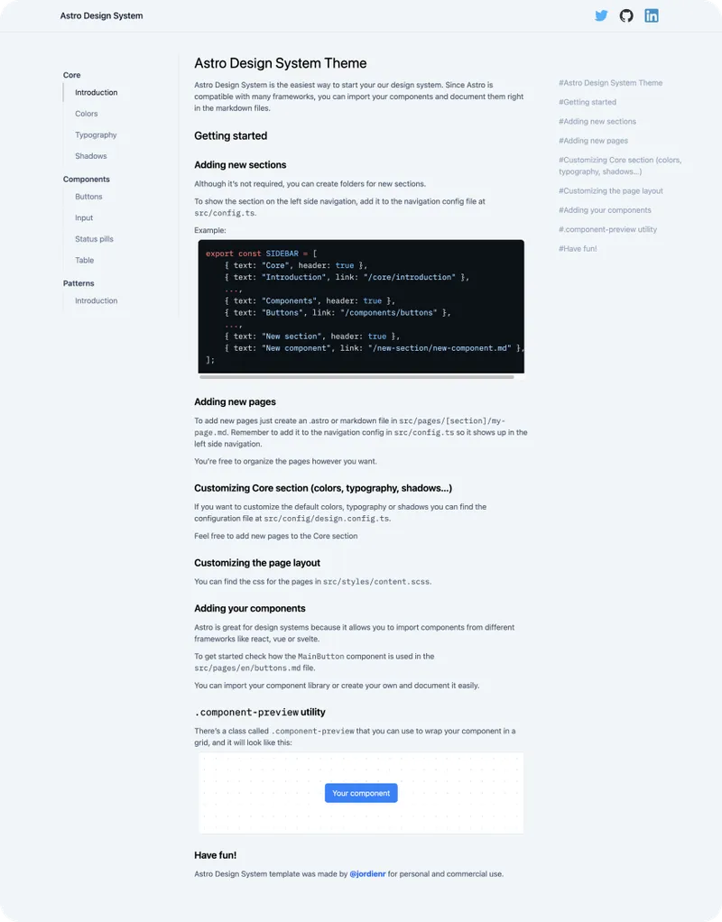Tema del Sistema de Diseño Astro por jordi