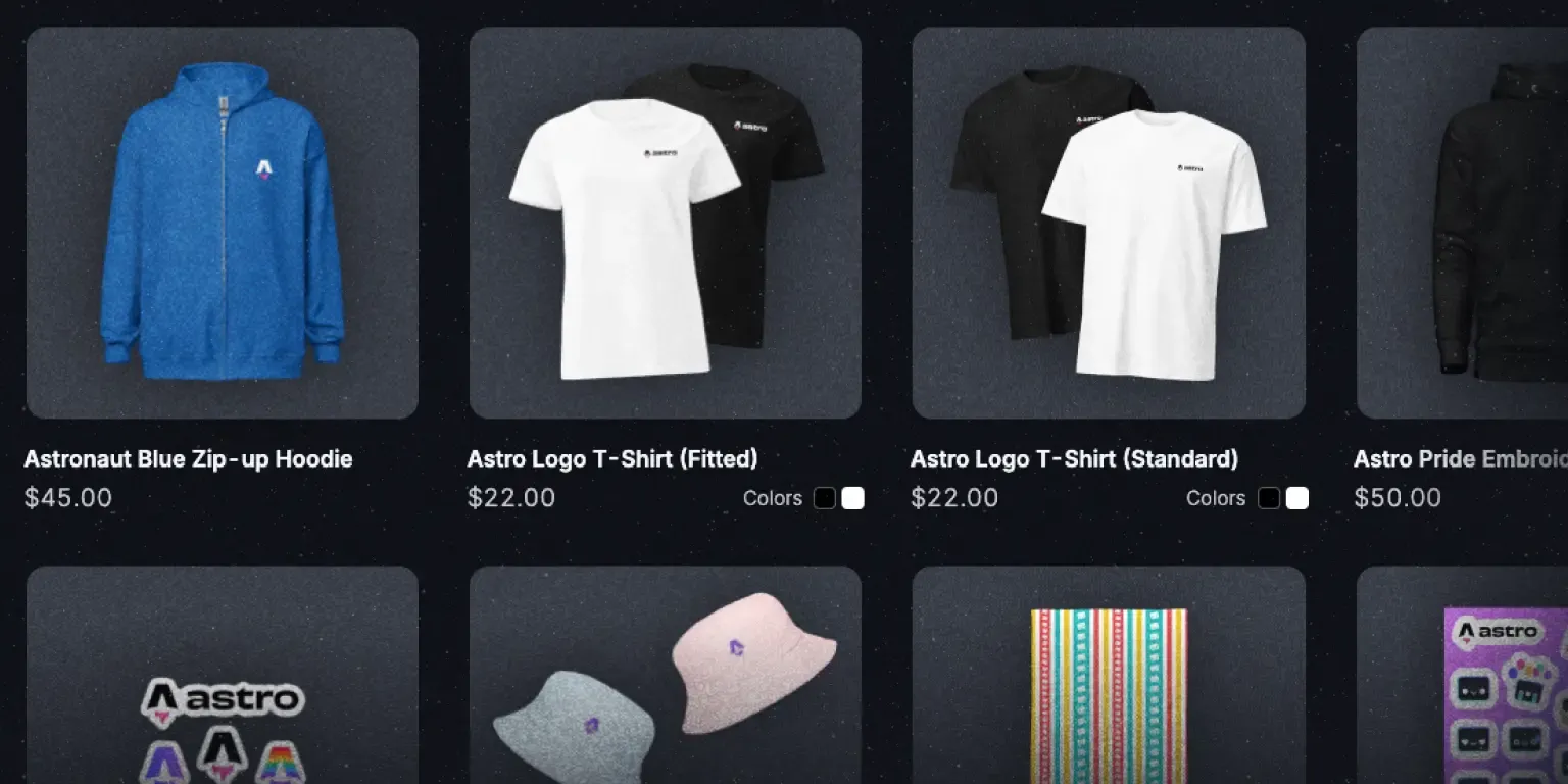 Screenshot de una cuadrícula de productos de la tienda mostrando productos con el logo de Astro, incluyendo una sudadera azul, camisetas en blanco y negro, y gorros de colores pastel.