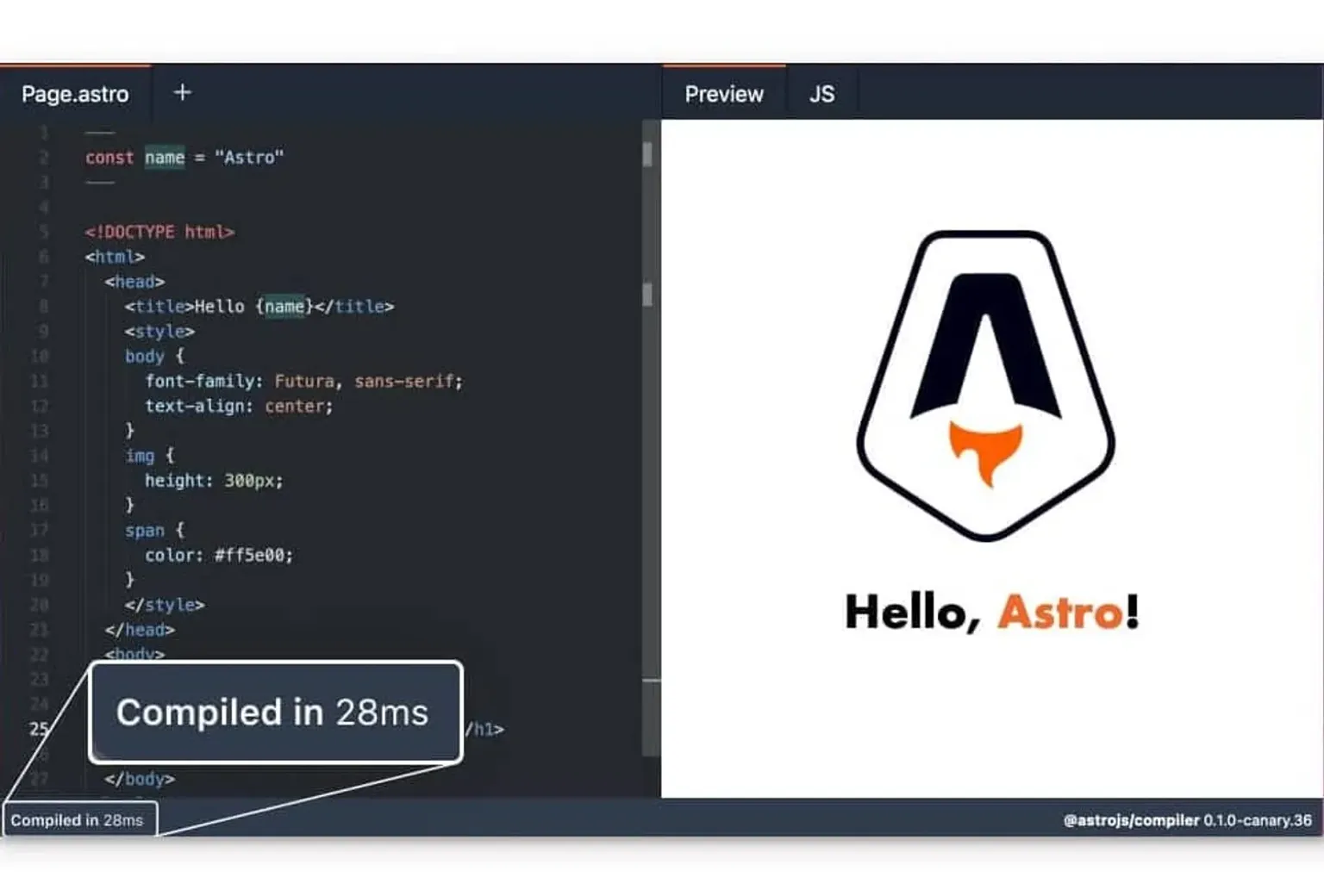 Screenshot del Astro REPL mostrando un fast compile time de 28ms