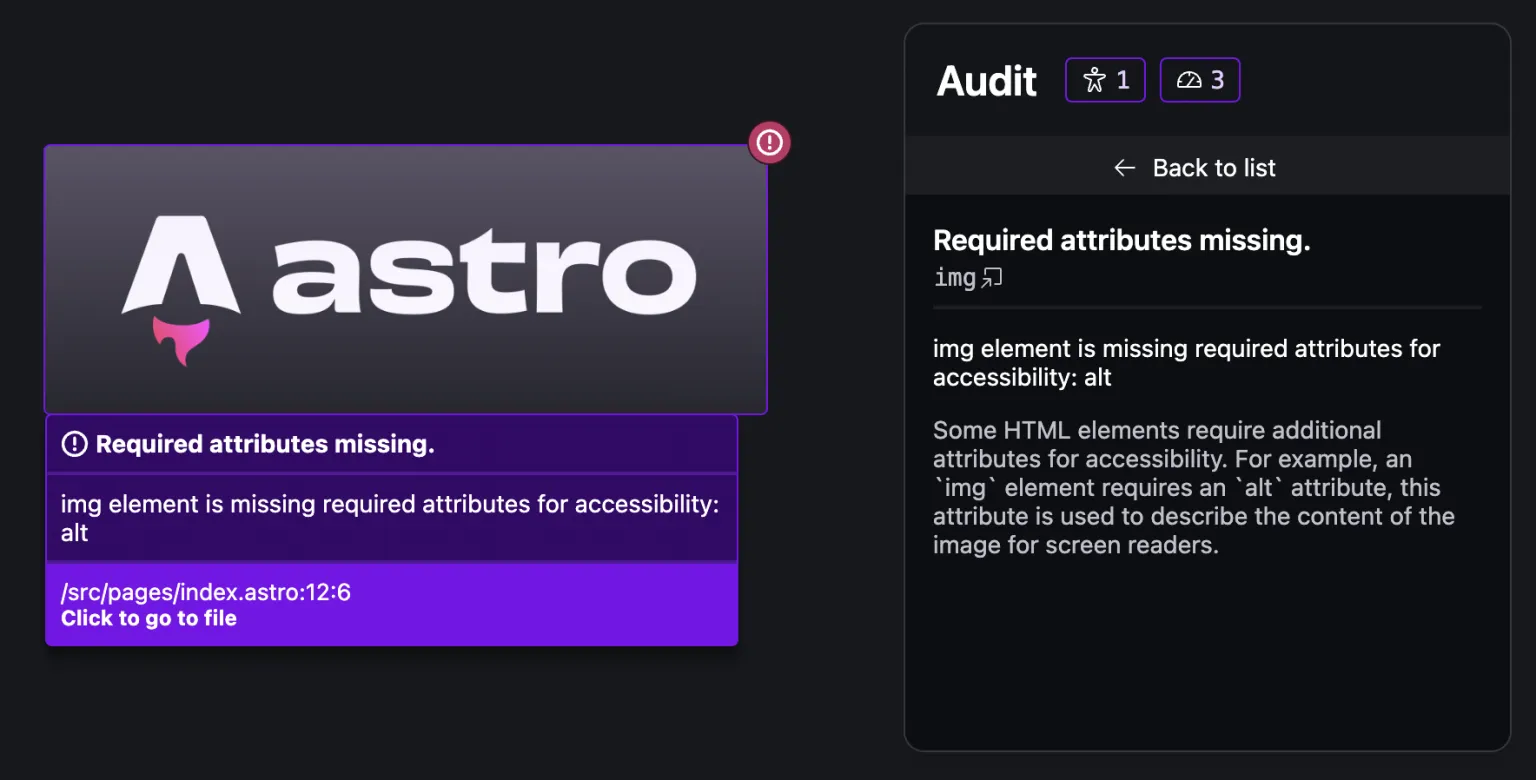 El nuevo panel de auditoría en Astro 4.5. Muestra el título del problema, un mensaje corto explicando el problema, y una descripción más larga de por qué esto es un problema.
