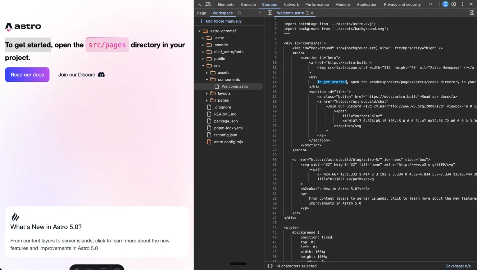 Chrome DevTools workspace conectado a un proyecto de Astro, mostrando los archivos del proyecto y una página de Astro abiertos lado a lado.