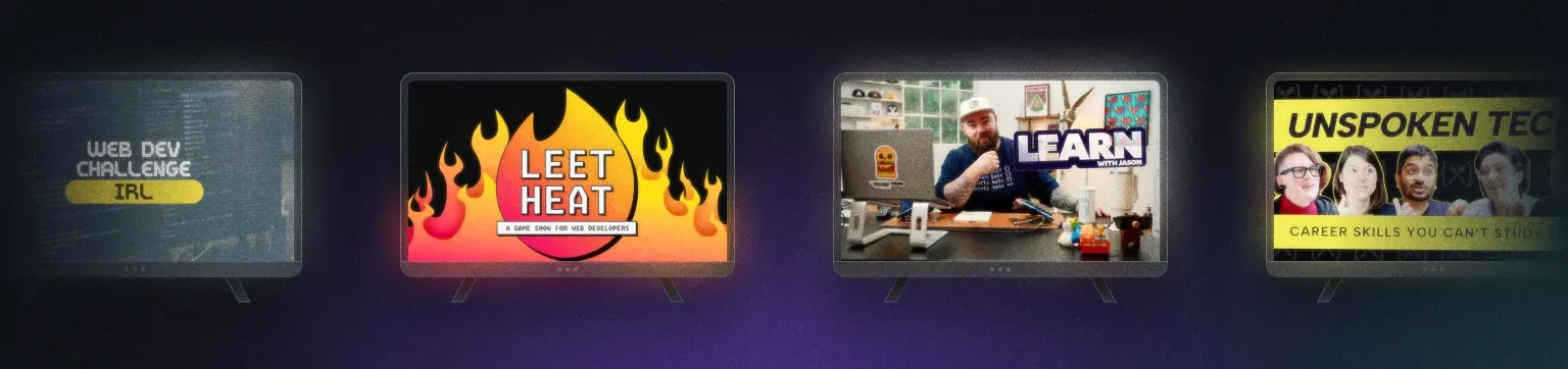 Cuatro pantallas de TV mostrando programas de CodeTV: Web Dev Challenge, Leet Heat, Learn With Jason y Unspoken Tech.
