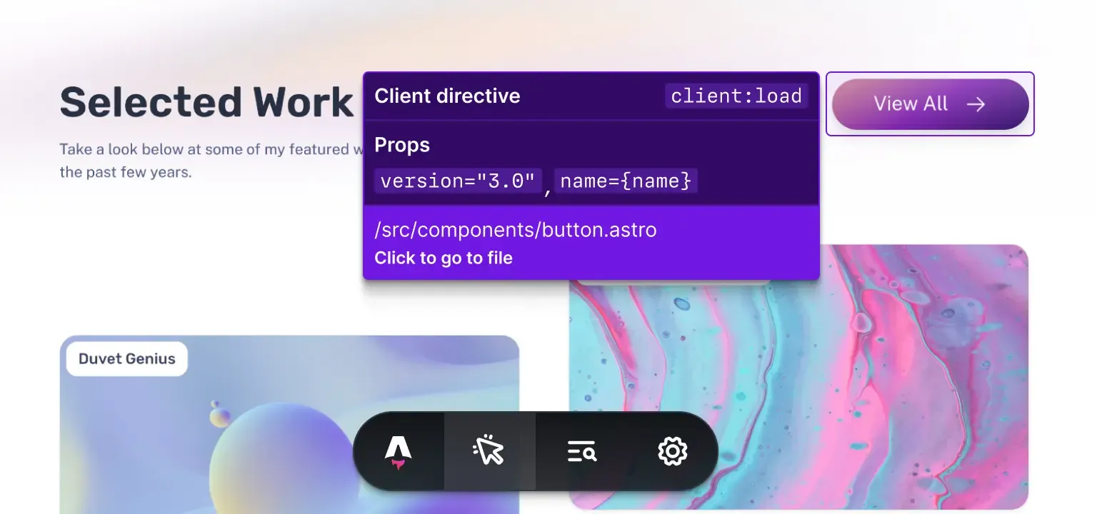 El dev overlay mostrando el modo x-ray con un componente de cliente resaltado. Muestra la directiva de cliente siendo usada, y las props pasadas al componente.