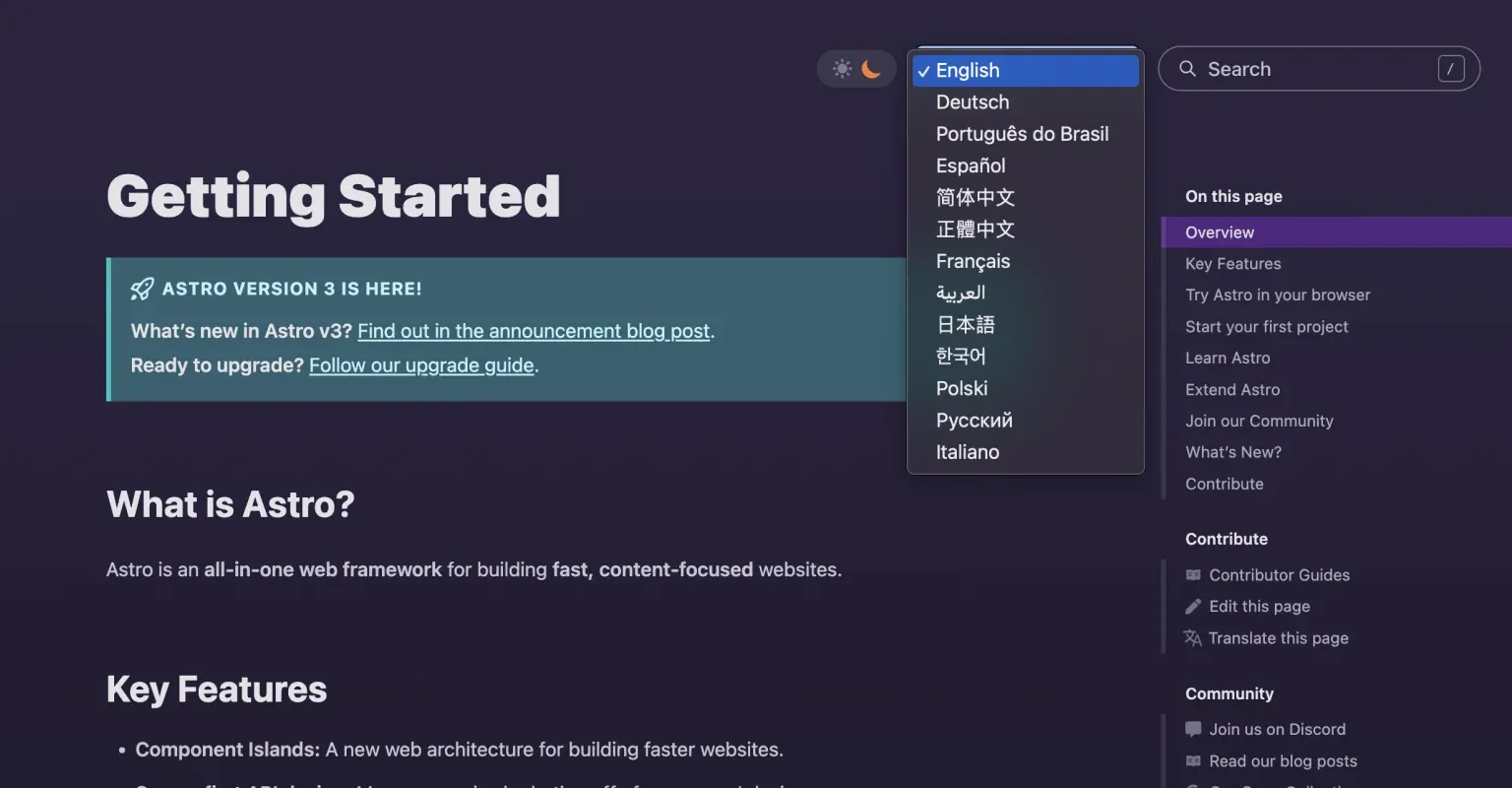 Homepage de Astro docs con el menú desplegable de language picker de idiomas disponibles