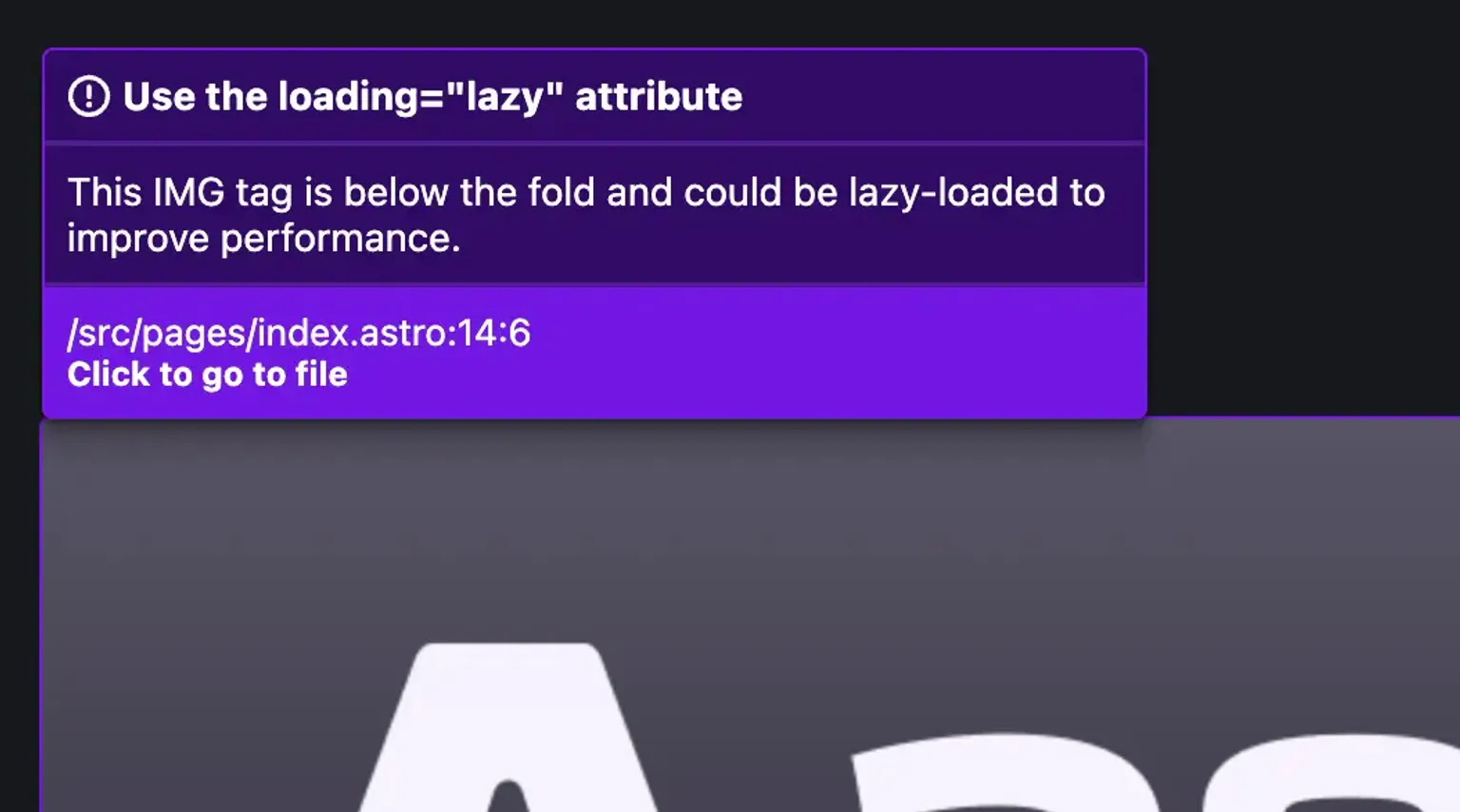 Muestra un tooltip diciendo al usuario que use loading='lazy' en una imagen below the fold.