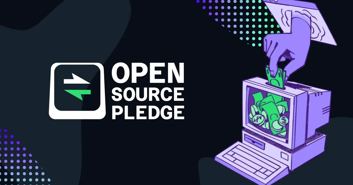 open source pledge, la ilustración es de una mano metiendo dinero en la parte superior de un ordenador antiguo y grueso como una hucha