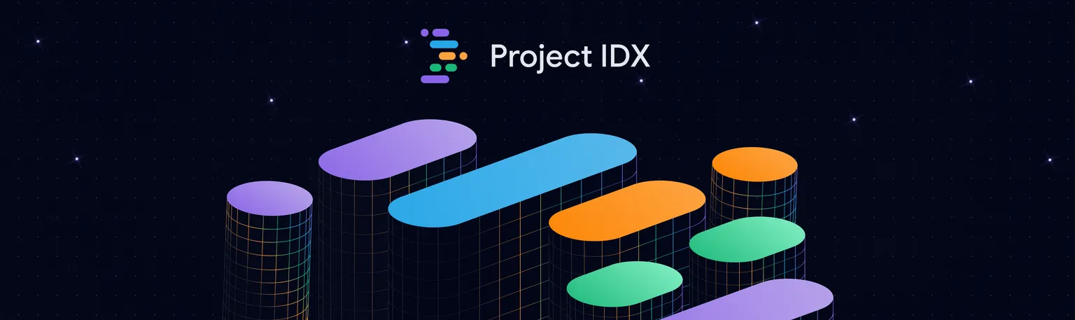 Gráfico oscuro que representa el espacio exterior y el logo de Project IDX.