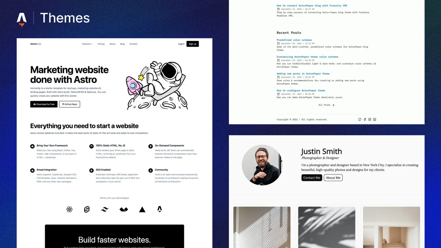 Capturas de pantalla de tres páginas de inicio de temas de Astro