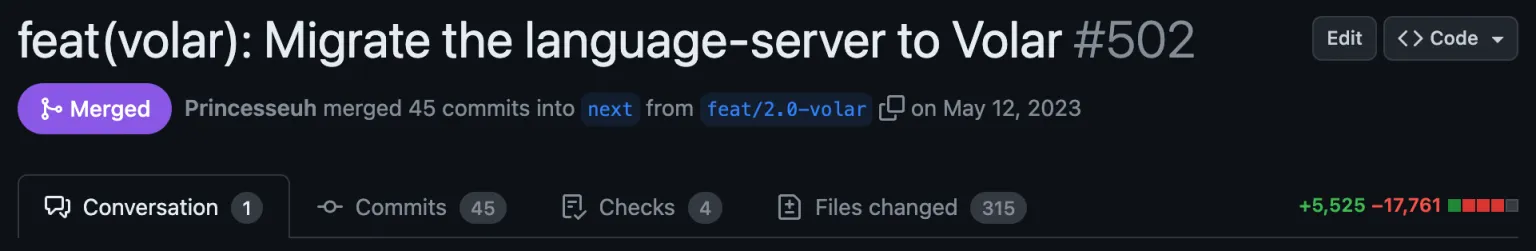 Muestra el pull request donde se mergeó la migración a Volar. 325 archivos fueron modificados, 5823 adiciones, y 17238 eliminaciones.