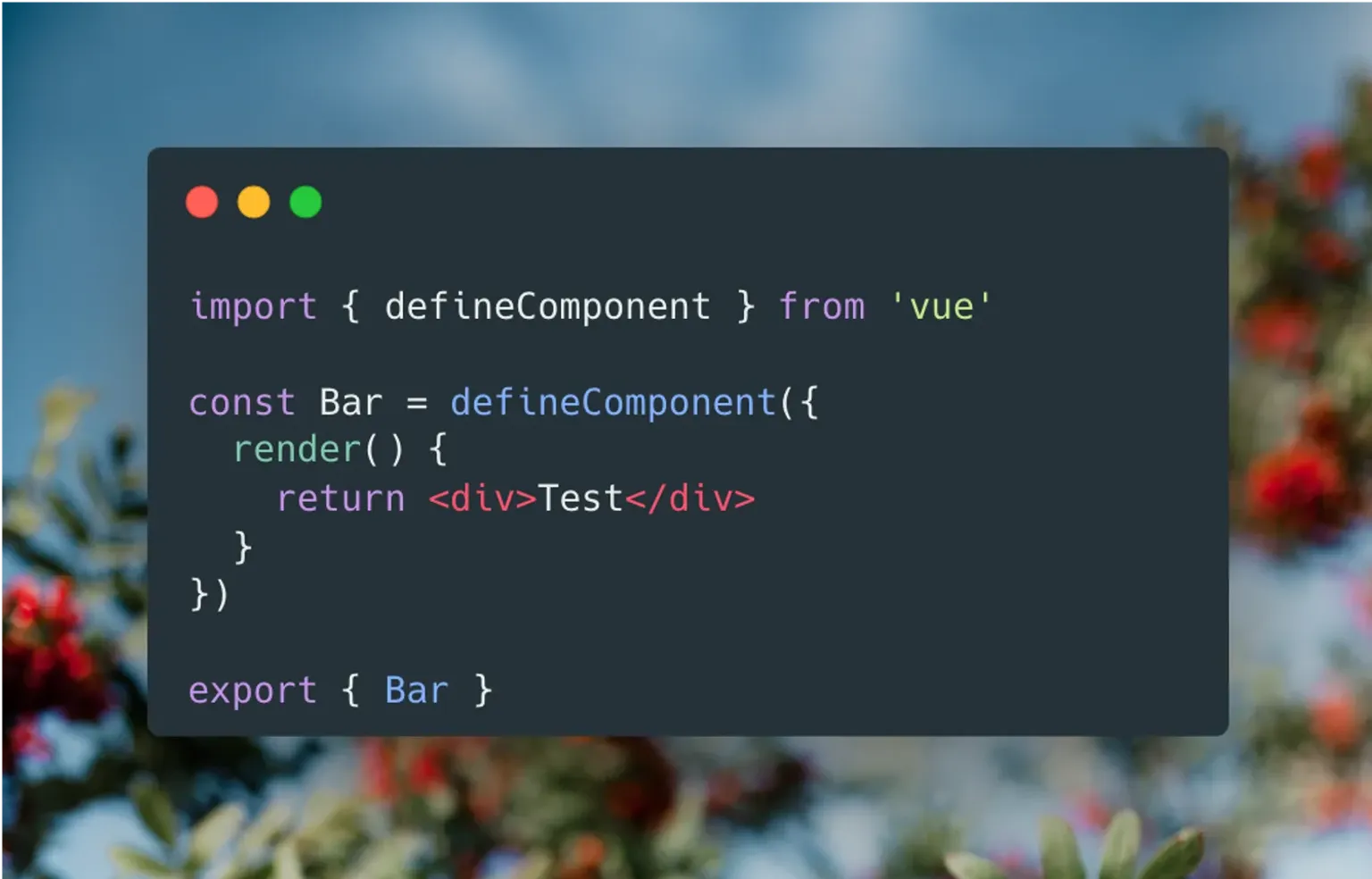Ejemplo de código que muestra un componente JSX definido con Vue